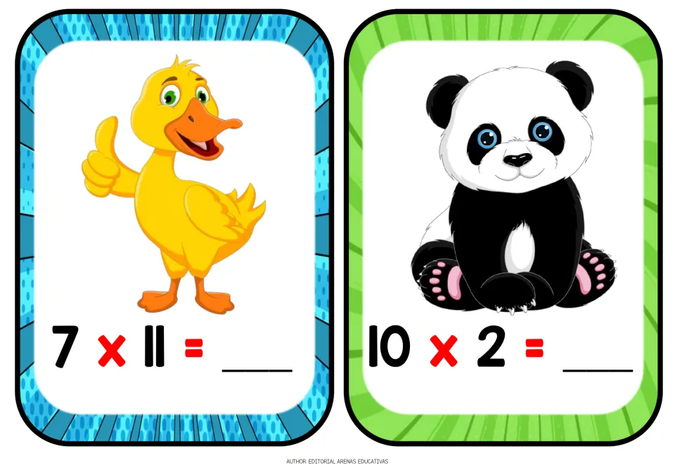 Multiplication flashcards: students solve 7 x 11 on a duck card and 10 x 2 on a panda card, writing the product on each