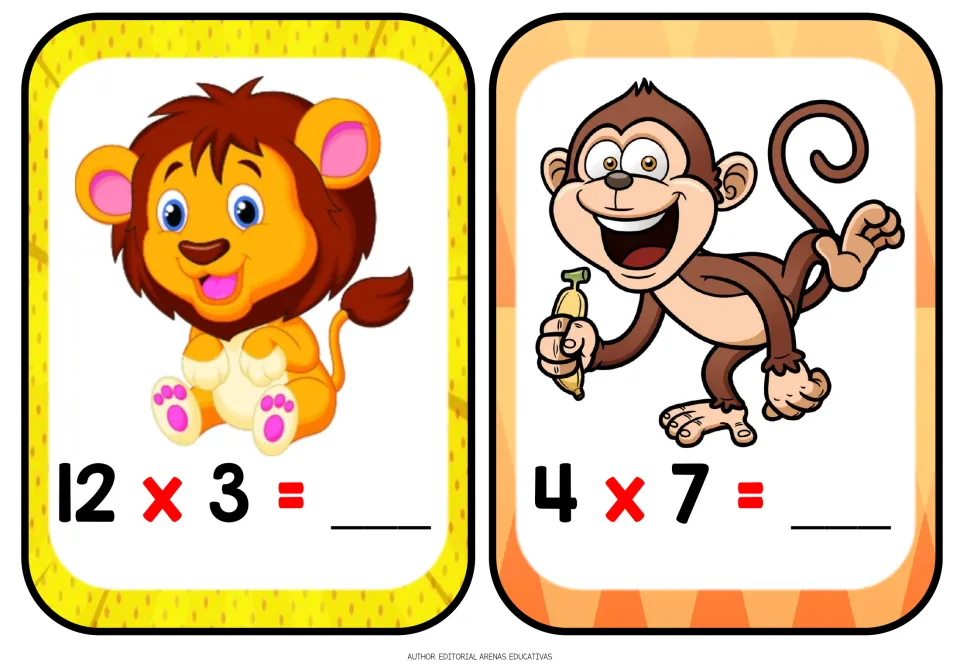 Multiplication flashcards: students solve 12 x 3 on a lion card and 4 x 7 on a monkey card, writing each product