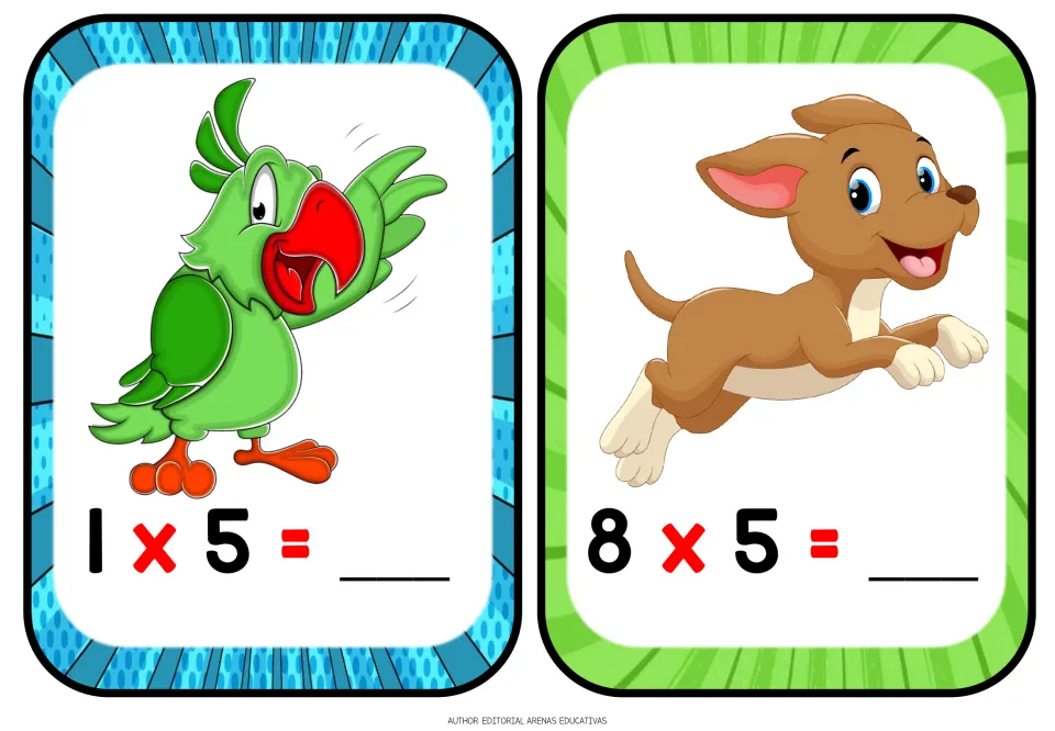 Multiplication flashcards: students solve 1 x 5 on a parrot card and 8 x 5 on a puppy card, writing each product