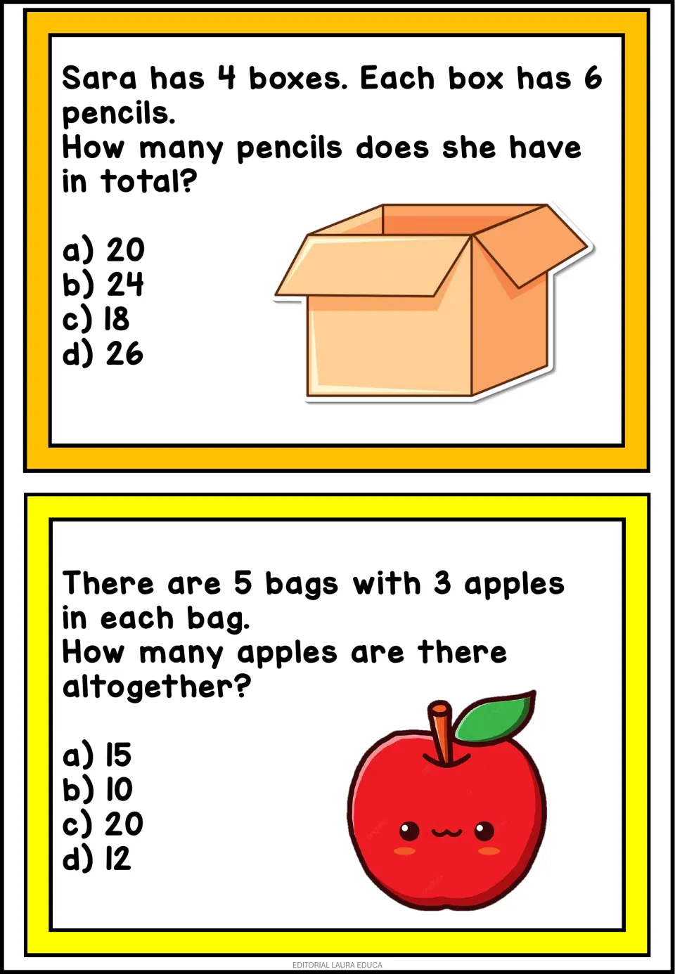 Multiplication word problems: students choose a, b, c or d for Sara's 4 x 6 pencils and 5 bags holding 3 apples each