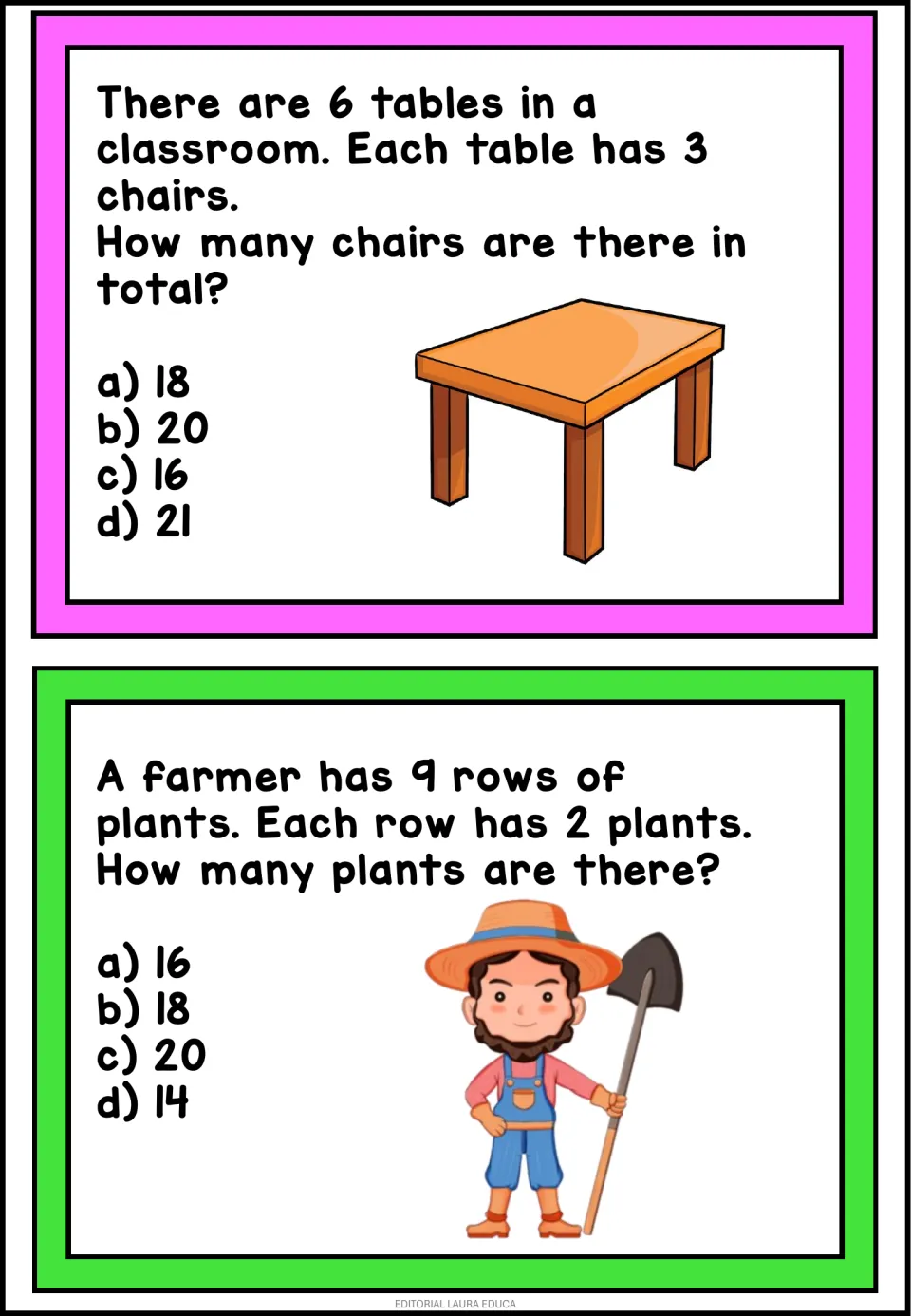 Multiplication story problems: students select the total for 6 tables with 3 chairs each and 9 rows of 2 plants