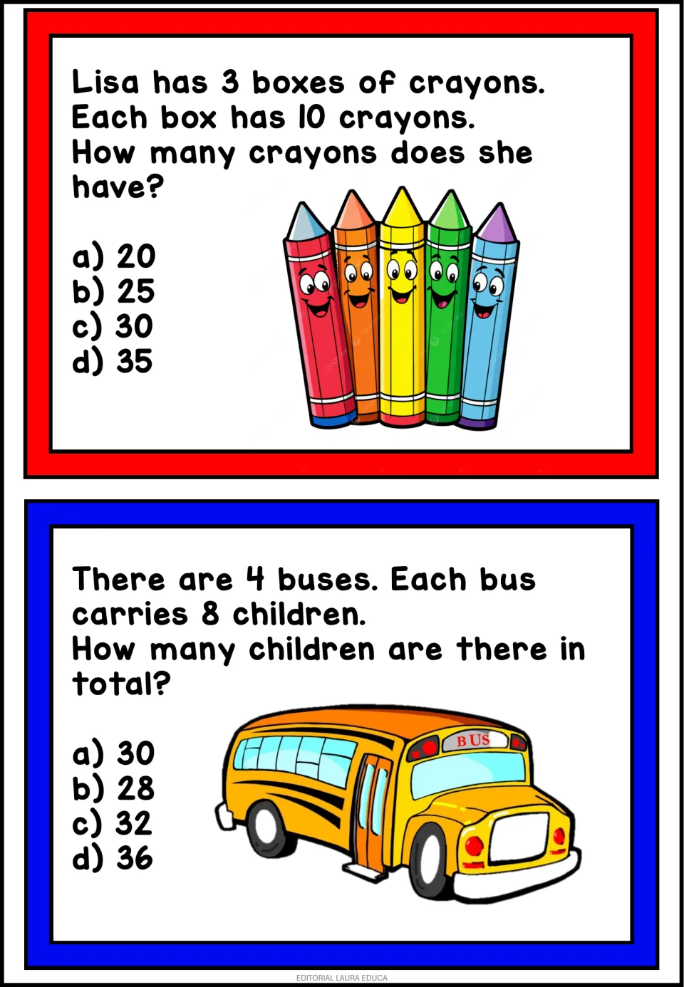 Multiple-choice multiplication cards: find the total for Lisa's 3 sets of 10 crayons and 4 buses carrying 8 children