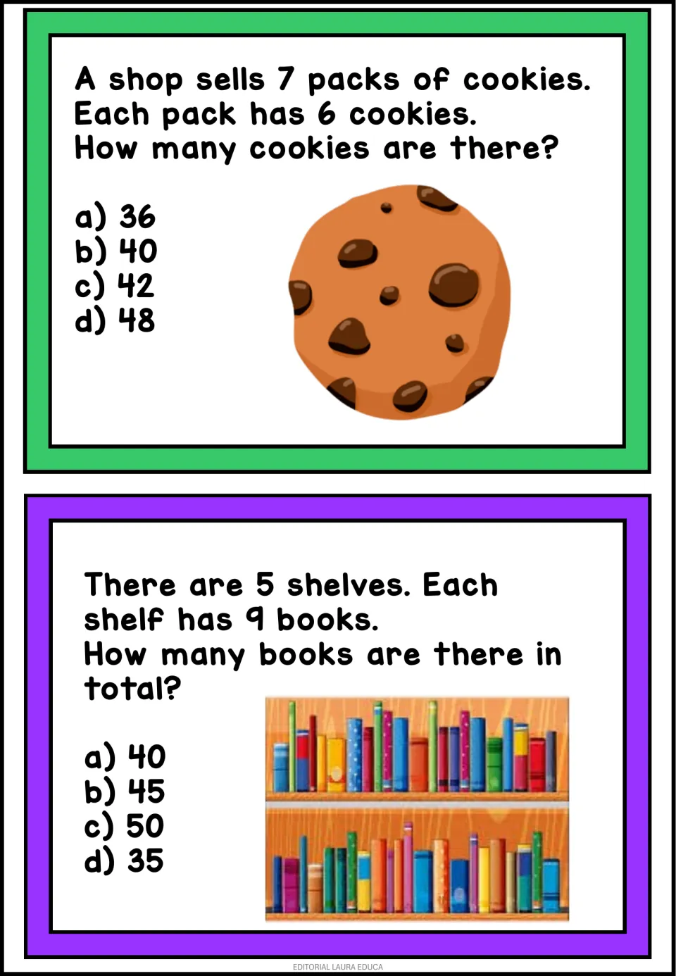 Last two word problems: students choose the product for 7 packs of 6 cookies and 5 shelves holding 9 books each