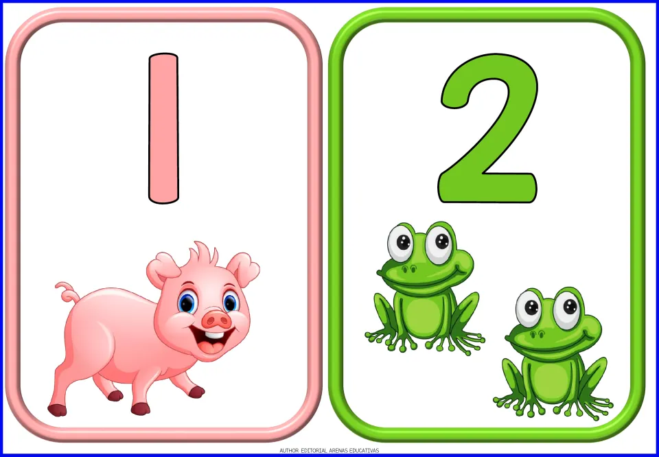 Number flashcards 1 and 2 from the 10-card animal set, showing the numeral 1 with one pig and 2 with two frogs