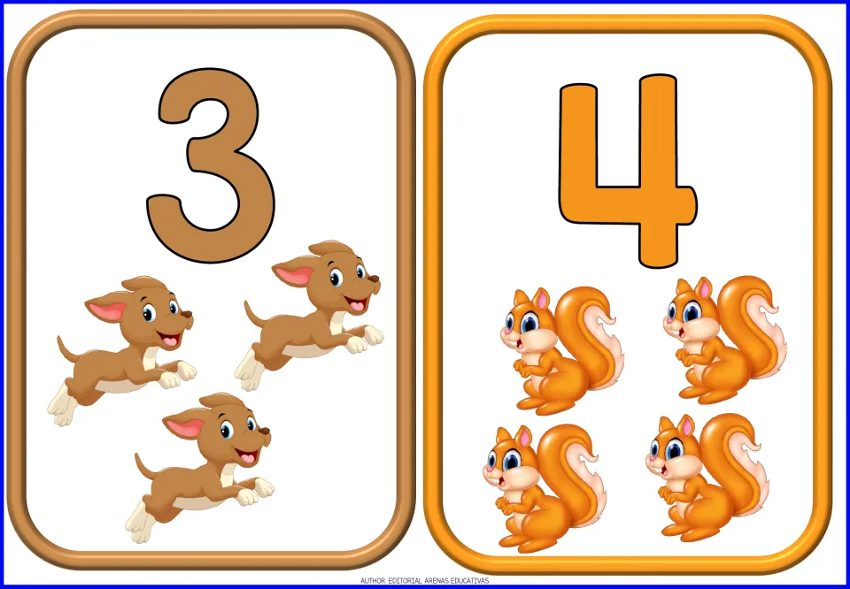 Number flashcards 3 and 4 from the 10-card animal set, showing three puppies and four squirrels
