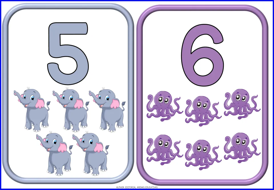 Number flashcards 5 and 6 from the 10-card animal set, showing five elephants and six octopuses