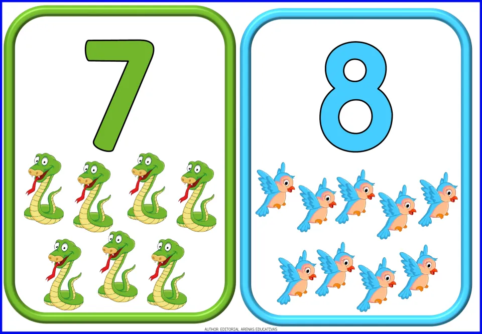 Number flashcards 7 and 8 from the animal set, showing seven snakes beside 7 and nine birds beside 8