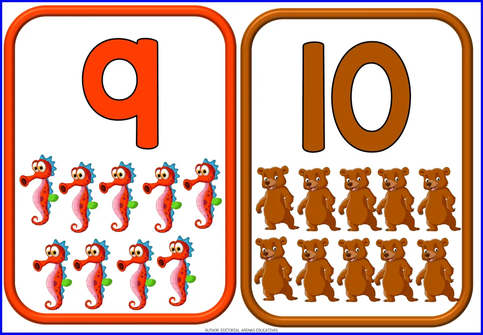 Number flashcards 9 and 10 from the 10-card animal set, showing nine seahorses and ten bears