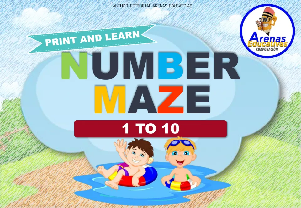 Cover of the number maze resource for numbers 1 to 10, labeled 'Print and Learn' by Arenas Educativas.