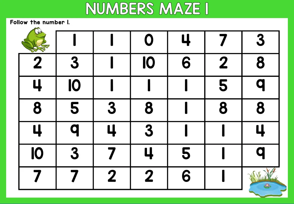 Number 1 maze worksheet: follow the number 1 through mixed numerals to trace a path from frog to pond.