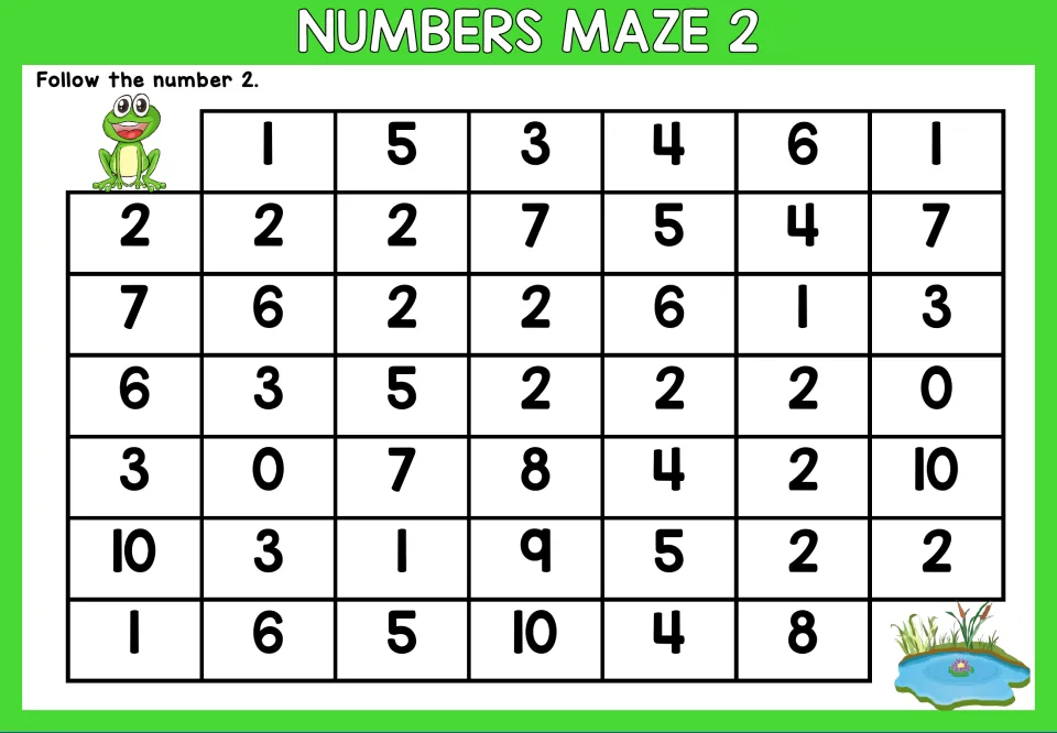 Number 2 maze worksheet: follow the number 2 through mixed numerals to trace a path from frog to pond.