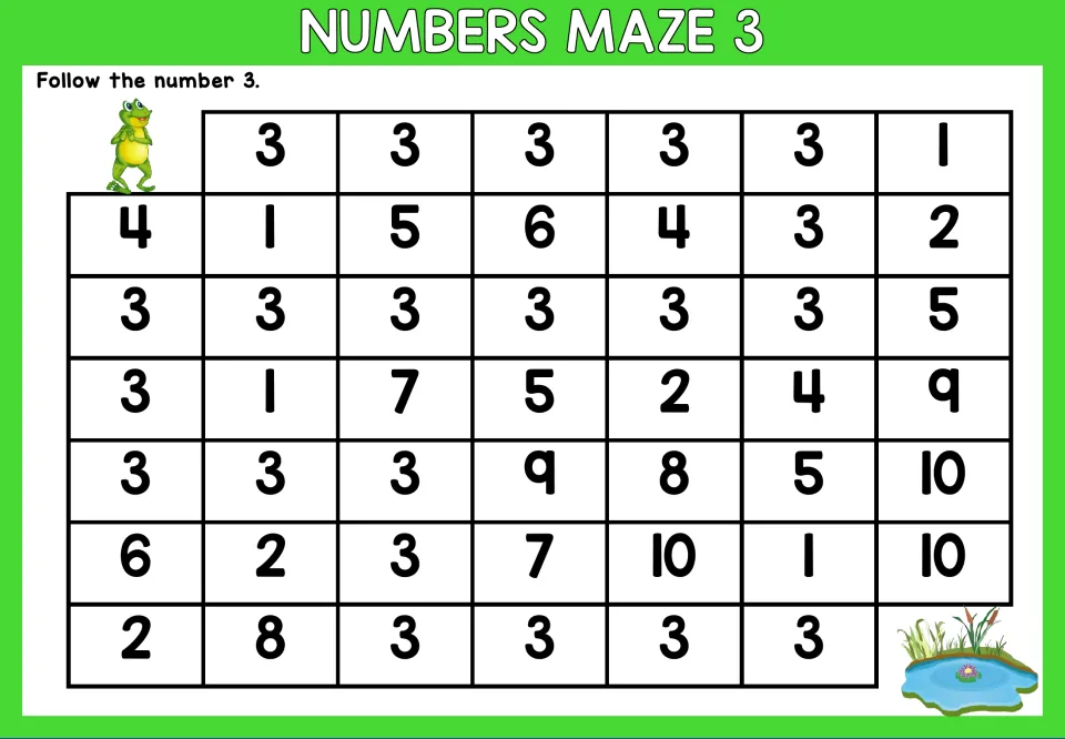 Number 3 maze worksheet: follow the number 3 through mixed numerals to trace a path from frog to pond.