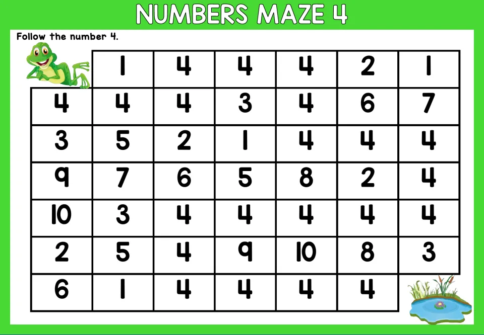 Number 4 maze worksheet: follow the number 4 through mixed numerals to trace a path from frog to pond.