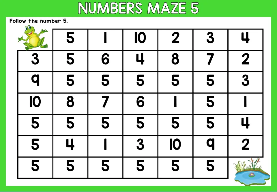 Number 5 maze worksheet: follow the number 5 through mixed numerals to trace a path from frog to pond.