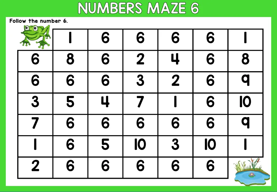 Number 6 maze worksheet: follow the number 6 through mixed numerals to trace a path from frog to pond.