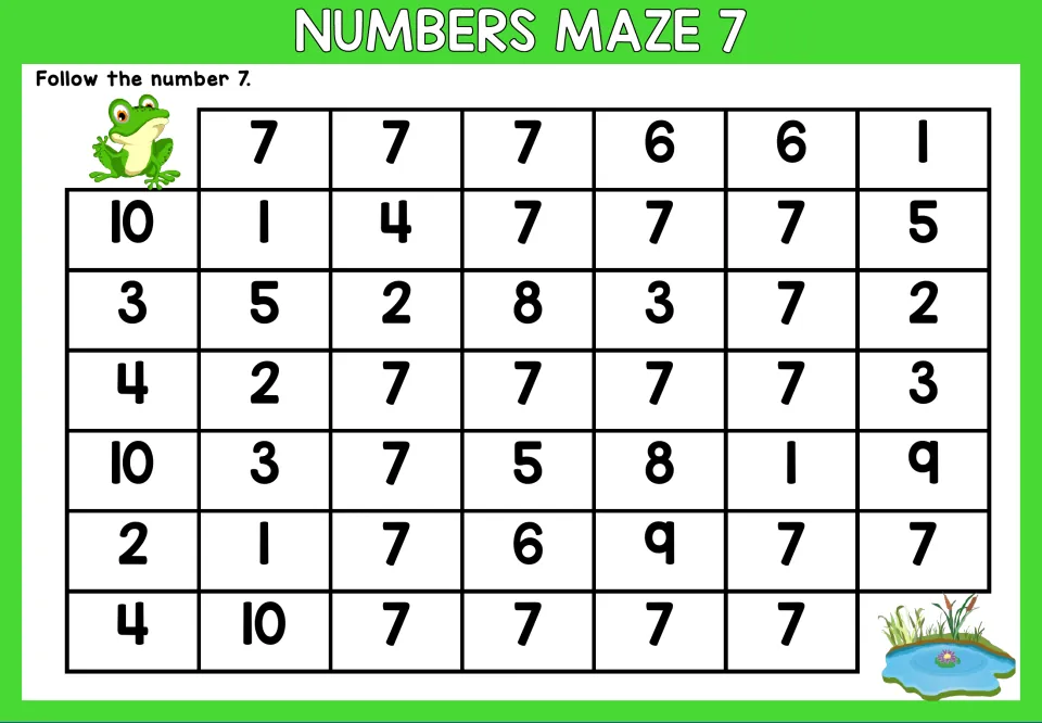 Number 7 maze worksheet: follow the number 7 through mixed numerals to trace a path from frog to pond.