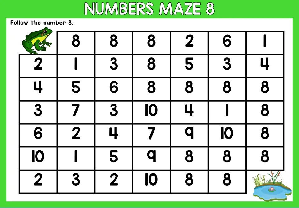 Number 8 maze worksheet: follow the number 8 through mixed numerals to trace a path from frog to pond.