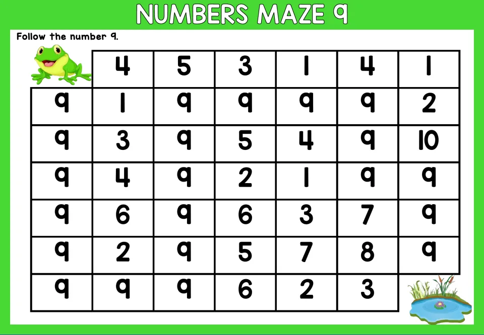 Number 9 maze worksheet: follow the number 9 through mixed numerals to trace a path from frog to pond.