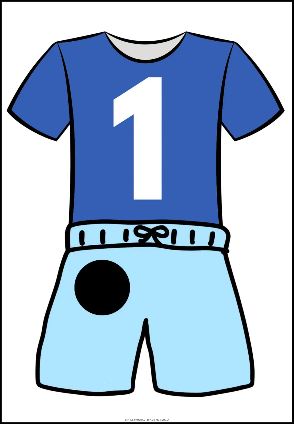 Number 1 poster in the counting set: a blue shirt displays the numeral 1 above light blue shorts with one dot.