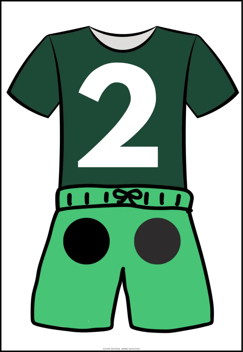 Number 2 poster in the counting set: a dark green shirt displays the numeral 2 above green shorts with two dots.