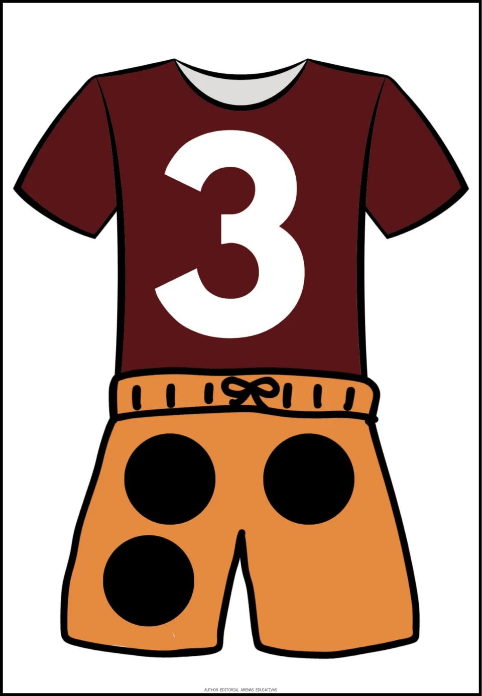 Number 3 poster in the counting set: a dark red shirt displays the numeral 3 above orange shorts with three dots.