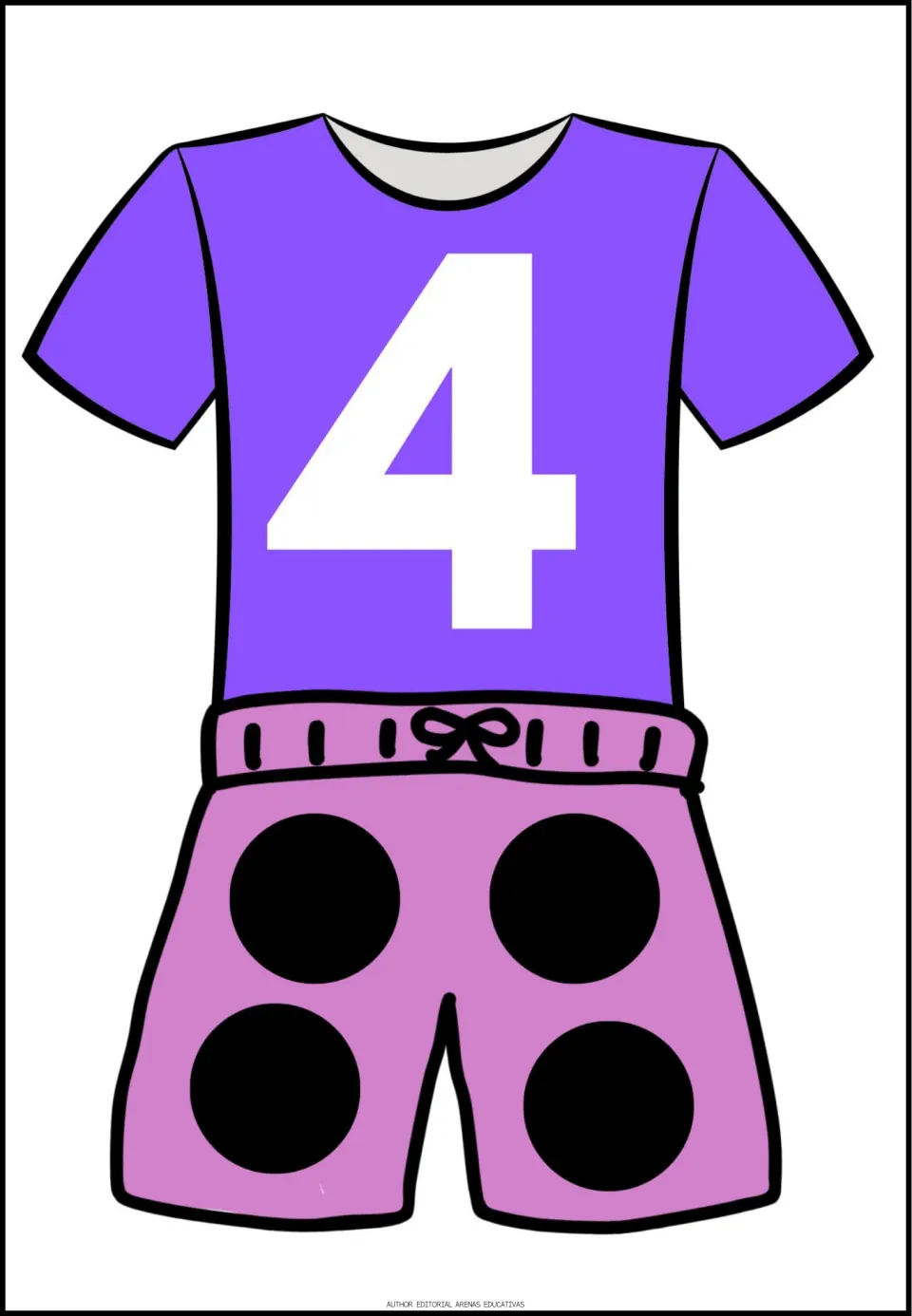 Number 4 poster in the counting set: a purple shirt displays the numeral 4 above pink shorts with four dots.