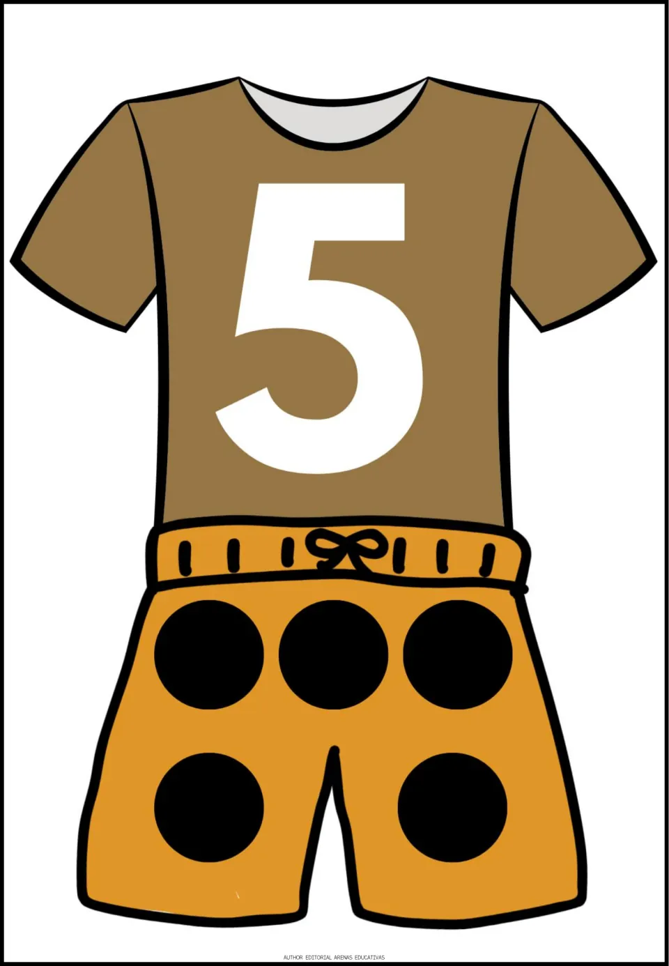 Number 5 poster in the counting set: a brown shirt displays the numeral 5 above orange shorts with five dots.