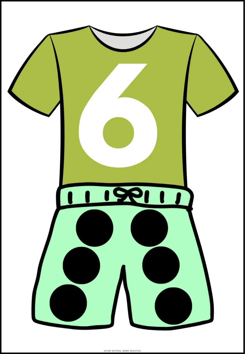 Number 6 poster in the counting set: a green shirt displays the numeral 6 above light green shorts with six dots.