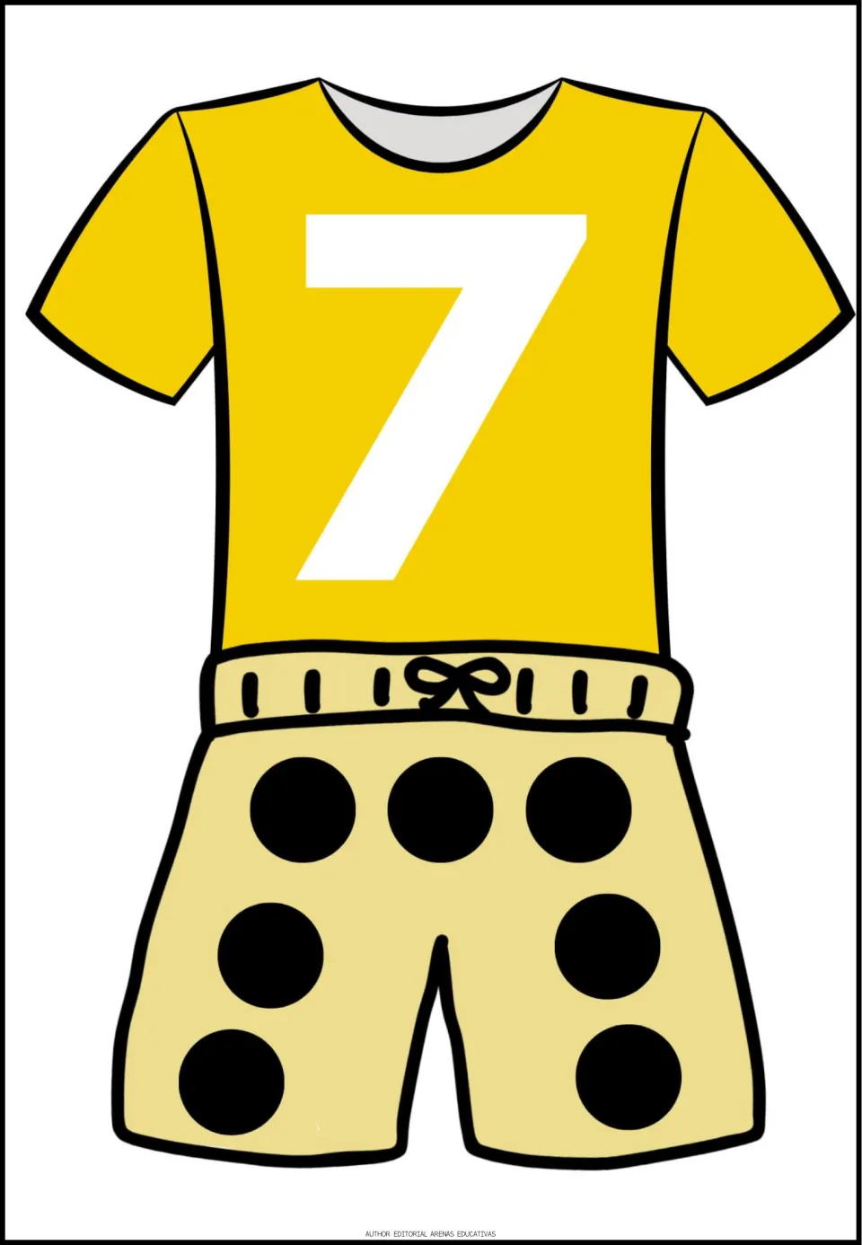 Number 7 poster in the counting set: a yellow shirt displays the numeral 7 above pale yellow shorts with seven dots.