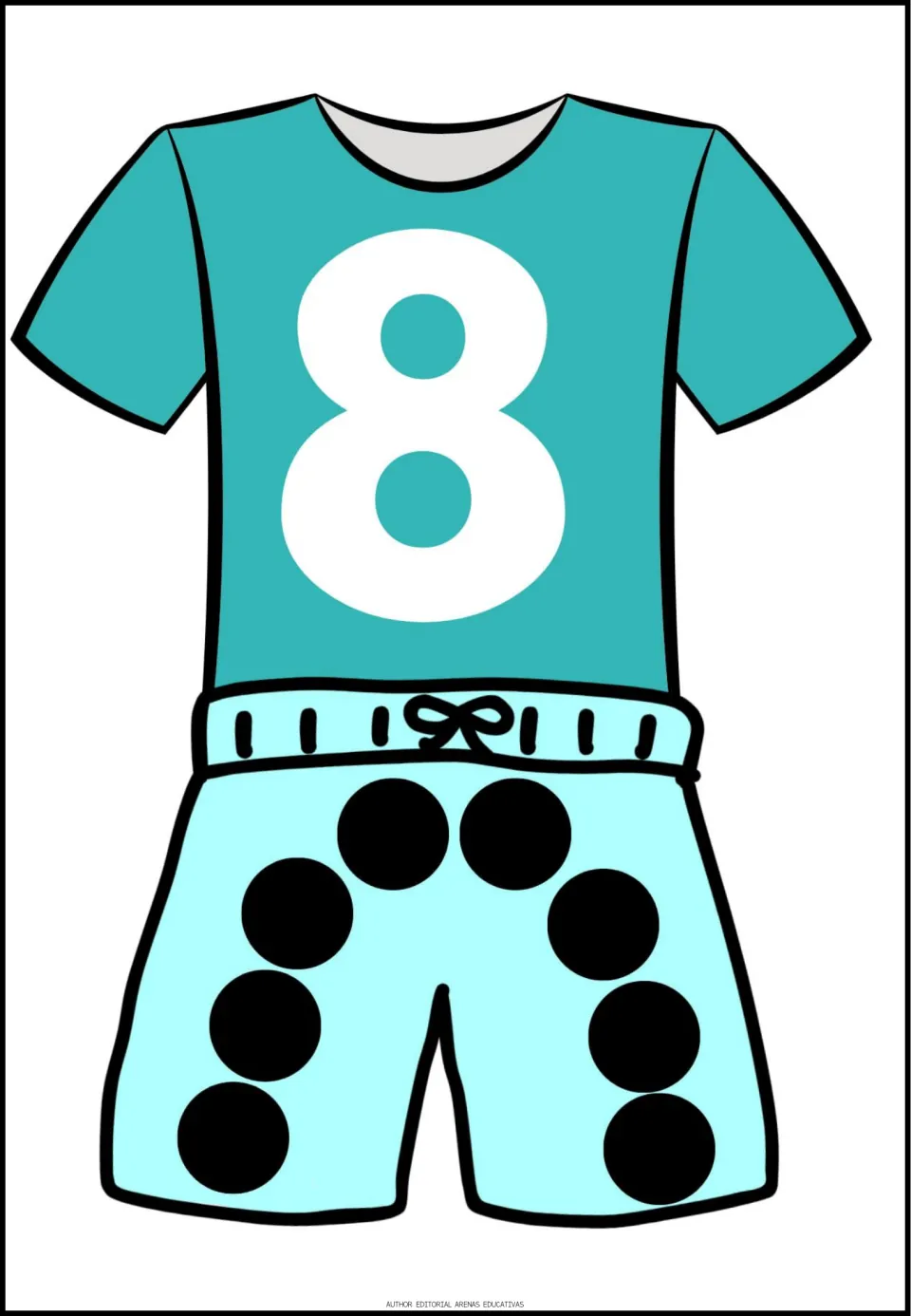 Number 8 poster in the counting set: a teal shirt displays the numeral 8 above light turquoise shorts with eight dots.