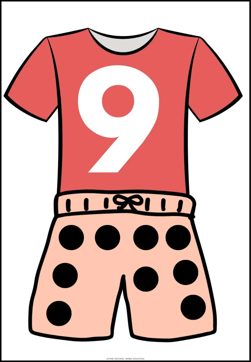 Number 9 poster in the counting set: a coral shirt displays the numeral 9 above peach shorts with nine dots.