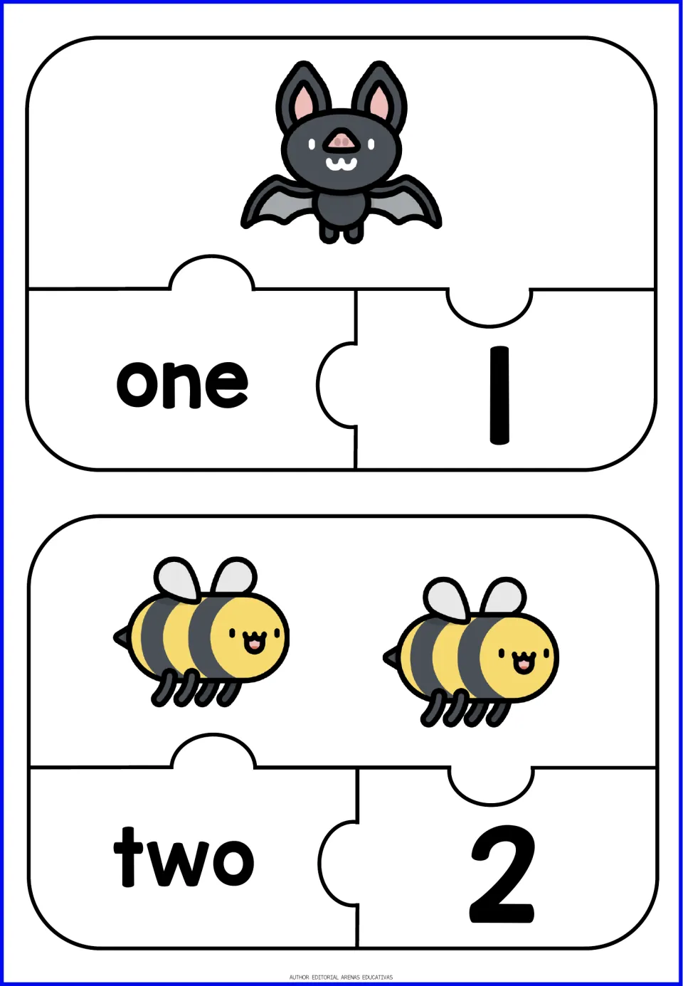 Animal number puzzles 1 and 2: one bat and two bees, each paired with its number word and matching numeral