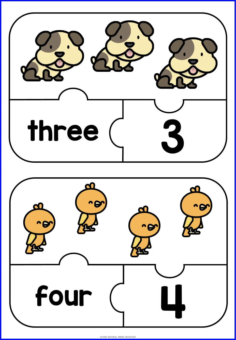 Animal number puzzles 3 and 4: three dogs and four birds, paired with the words 'three' and 'four' and numerals