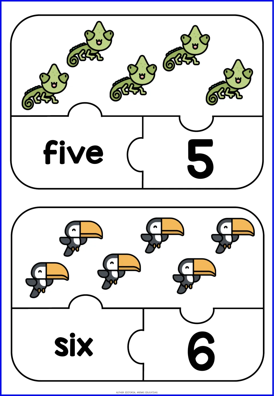 Animal number puzzles 5 and 6: five chameleons and six toucans, paired with number words and numerals