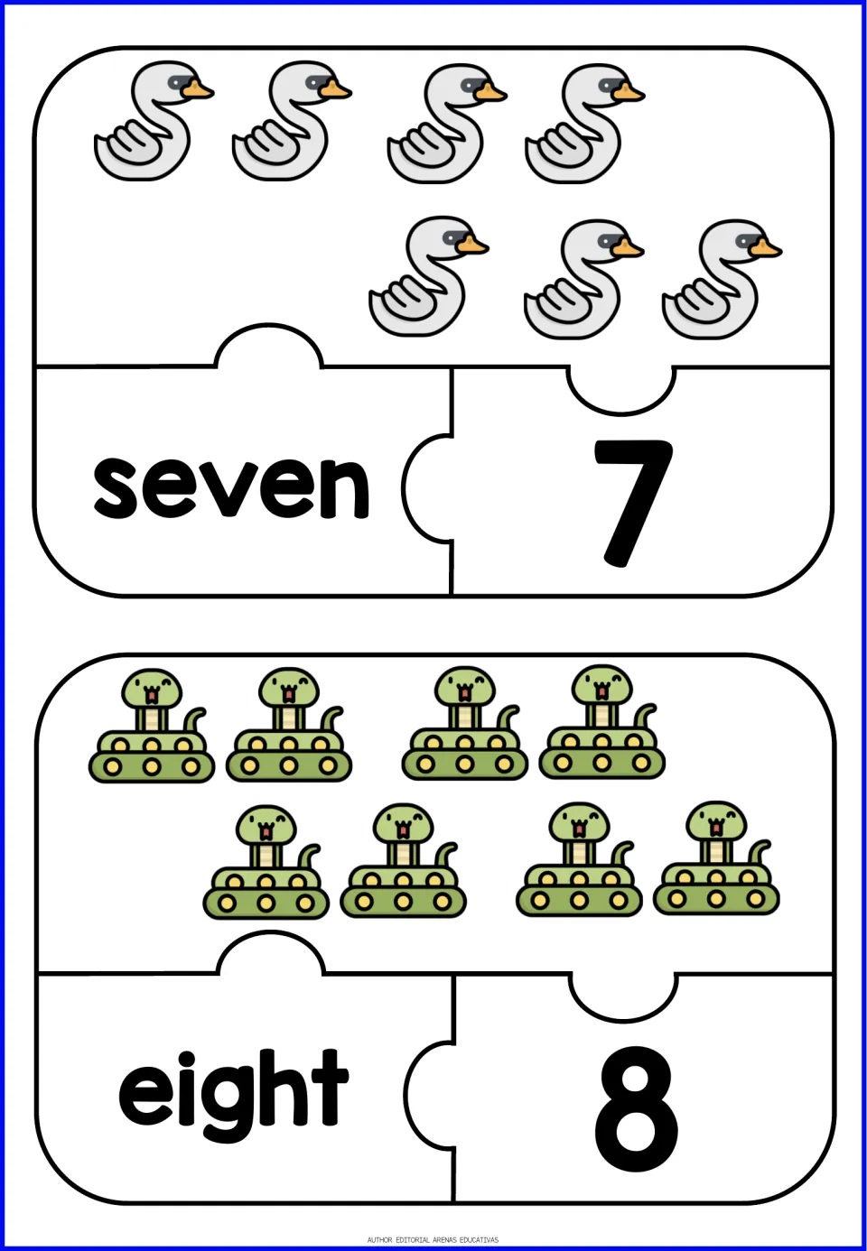 Animal number puzzles 7 and 8: seven swans and eight snakes, paired with number words and numerals