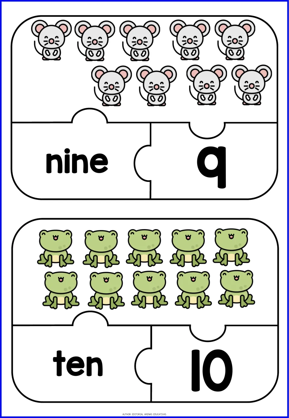 Animal number puzzles 9 and 10: nine mice and ten frogs, paired with the words 'nine' and 'ten' and numerals