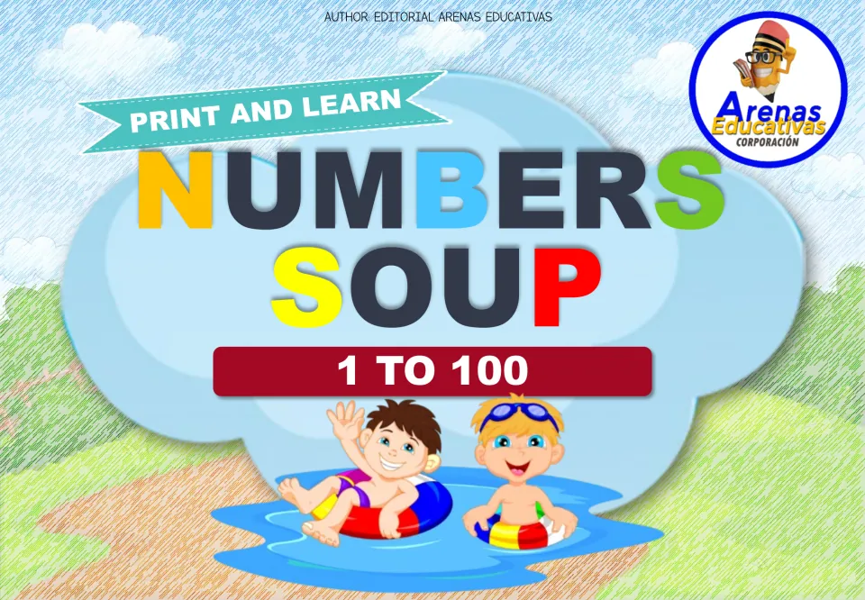 Cover of the number-search resource, labeled 'Print and Learn' and 'Numbers Soup' for numbers 1 to 100.