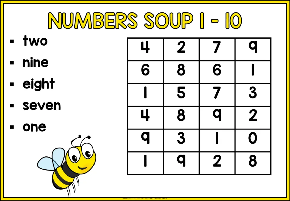 Number search for 1–10: find numerals matching the five number words two, nine, eight, seven, and one.