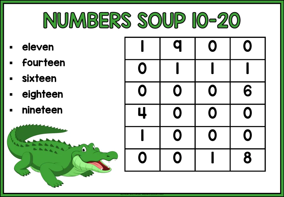 Number search for 10–20: find numerals matching eleven, fourteen, sixteen, eighteen, and nineteen.