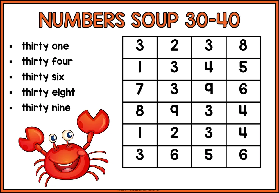 Number search for 30–40: targets are thirty-one, thirty-four, thirty-six, thirty-eight, and thirty-nine.