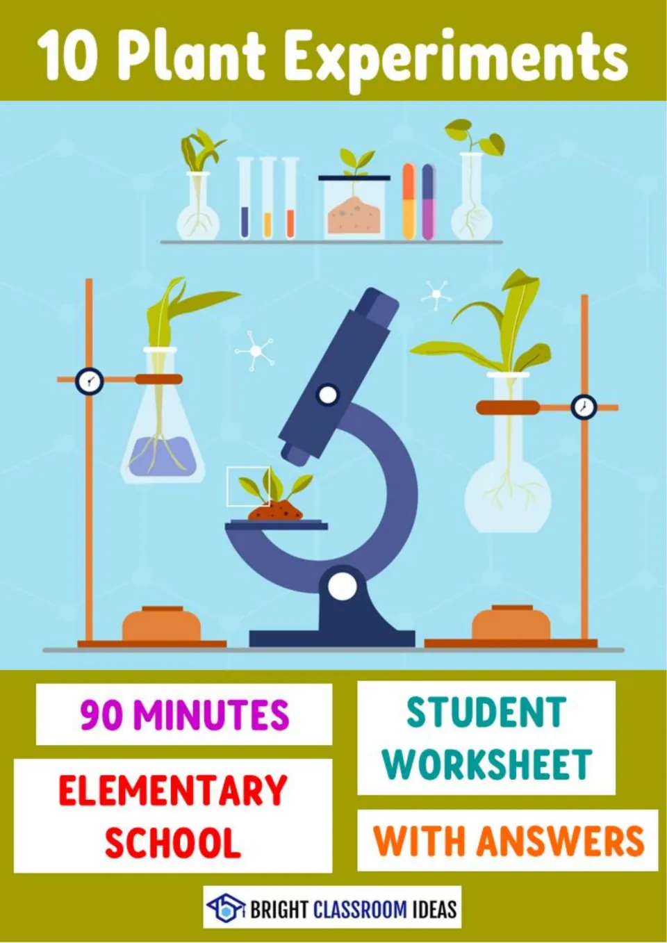 Cover of 10 Plant Experiments: a 90-minute elementary school lesson with student worksheet and answers, plus a lab scene