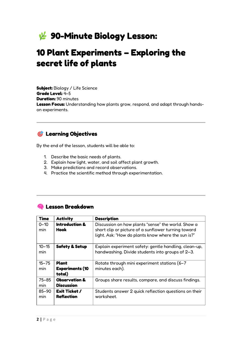 Plant biology lesson plan: four learning objectives and a 90-minute timed breakdown from hook to stations and exit ticket