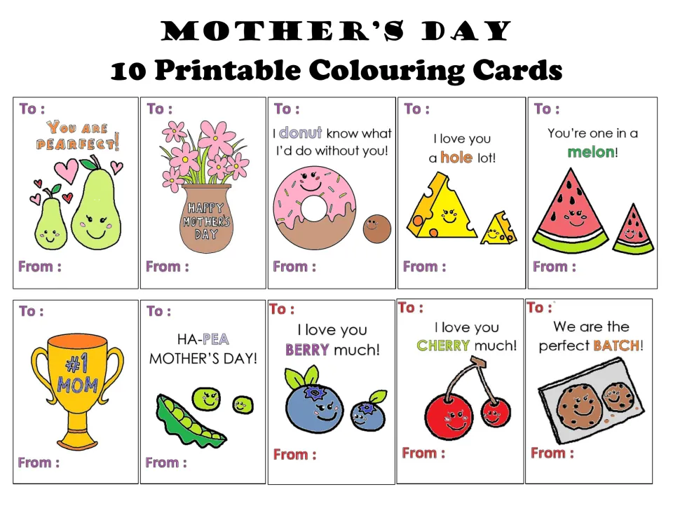 Mother's Day colouring cards cover showing all 10 designs in colour, from 'You are pearfect' pears to a cookie tray