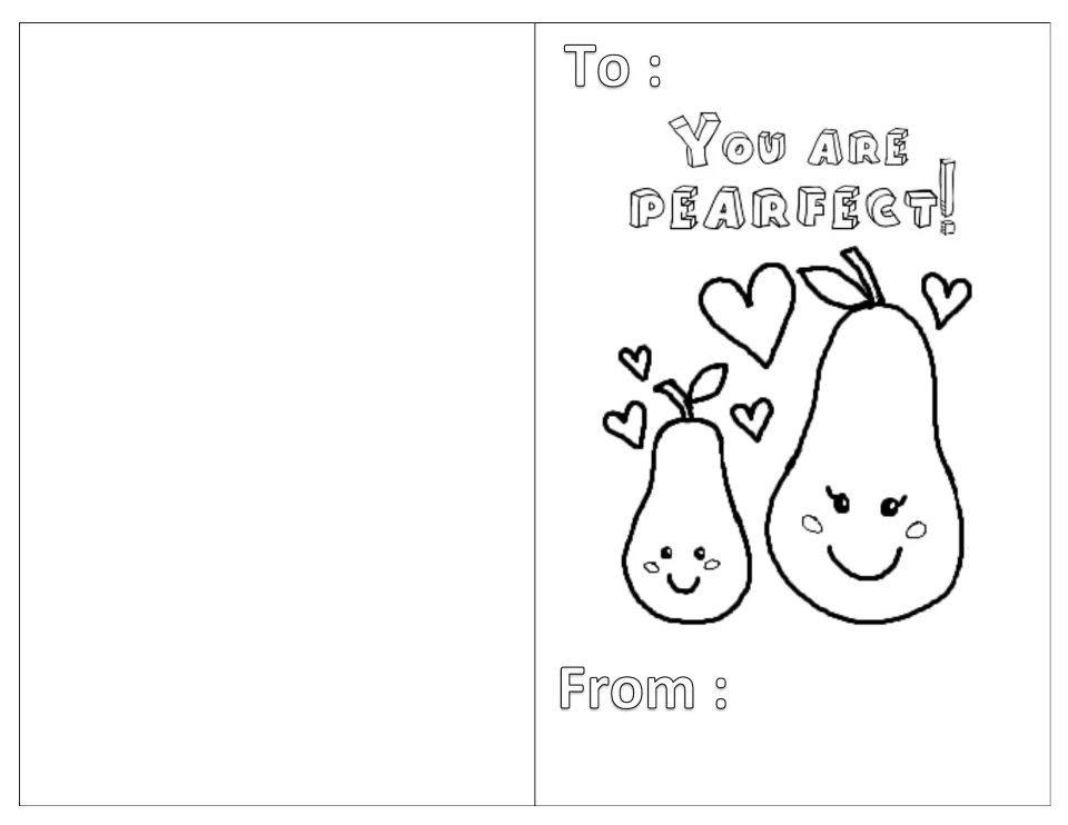 Mother's Day fold card: students color a big and little smiling pear with hearts under 'You are pearfect!' and sign it