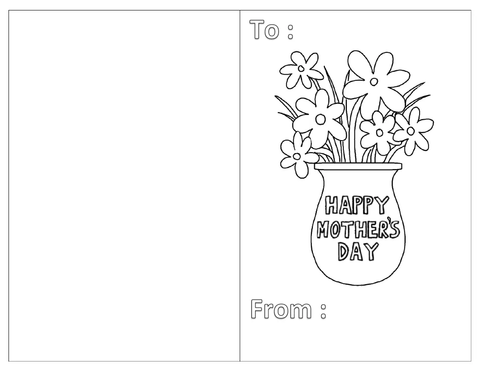 Mother's Day fold card: students color a vase of flowers lettered 'Happy Mother's Day' and fill in the To and From lines