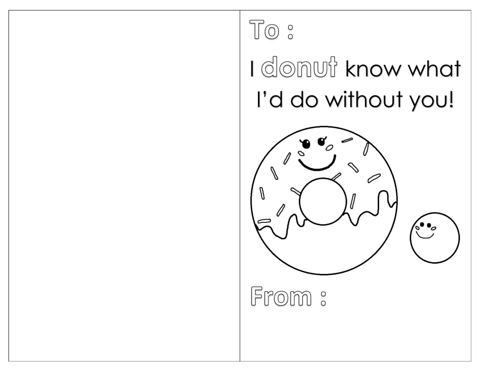 Donut pun card: students color a smiling sprinkled donut and donut hole under 'I donut know what I'd do without you!'