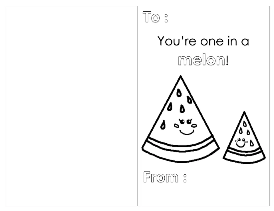 Watermelon pun card: students color a big and little smiling watermelon slice under 'You're one in a melon!'