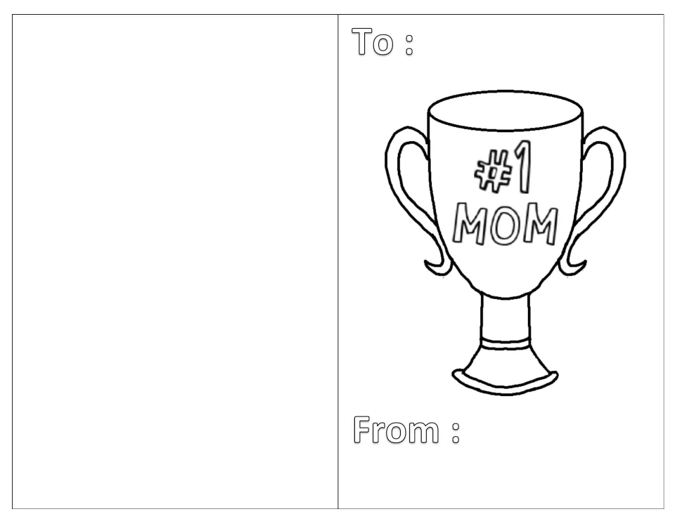 Trophy card for Mom: students color a two-handled trophy lettered '#1 MOM' and add names on the To and From lines