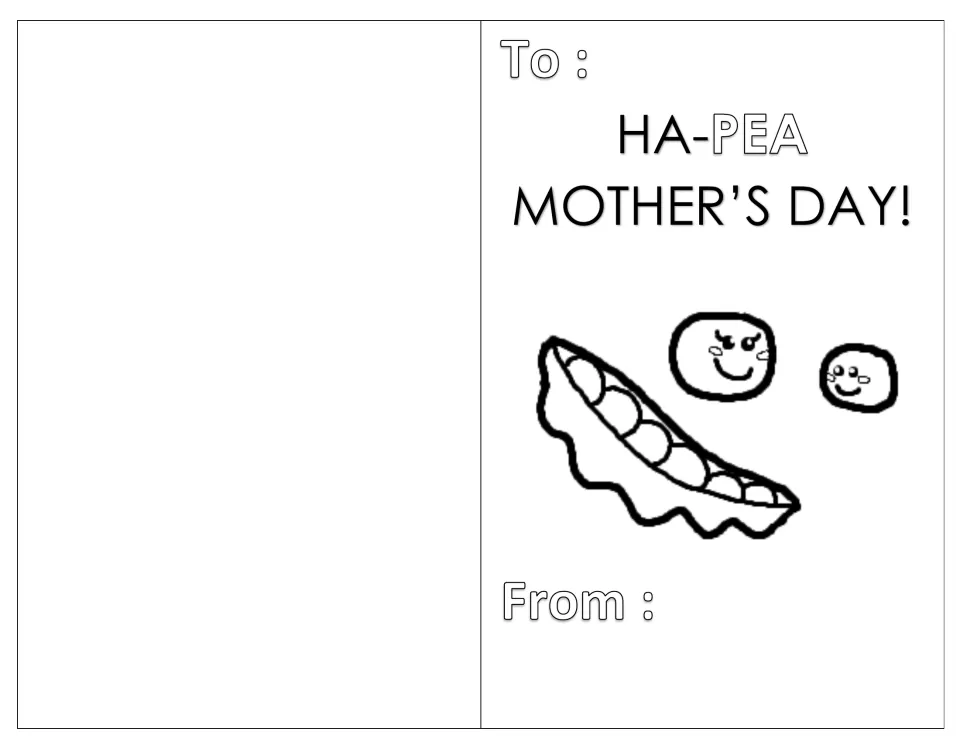 Pea pun card: students color a pea pod and two smiling peas under the greeting 'Ha-pea Mother's Day!' and sign it