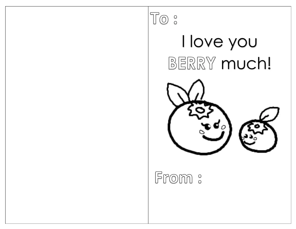 Blueberry pun card: students color a big and small smiling blueberry under 'I love you berry much!' and fill in names